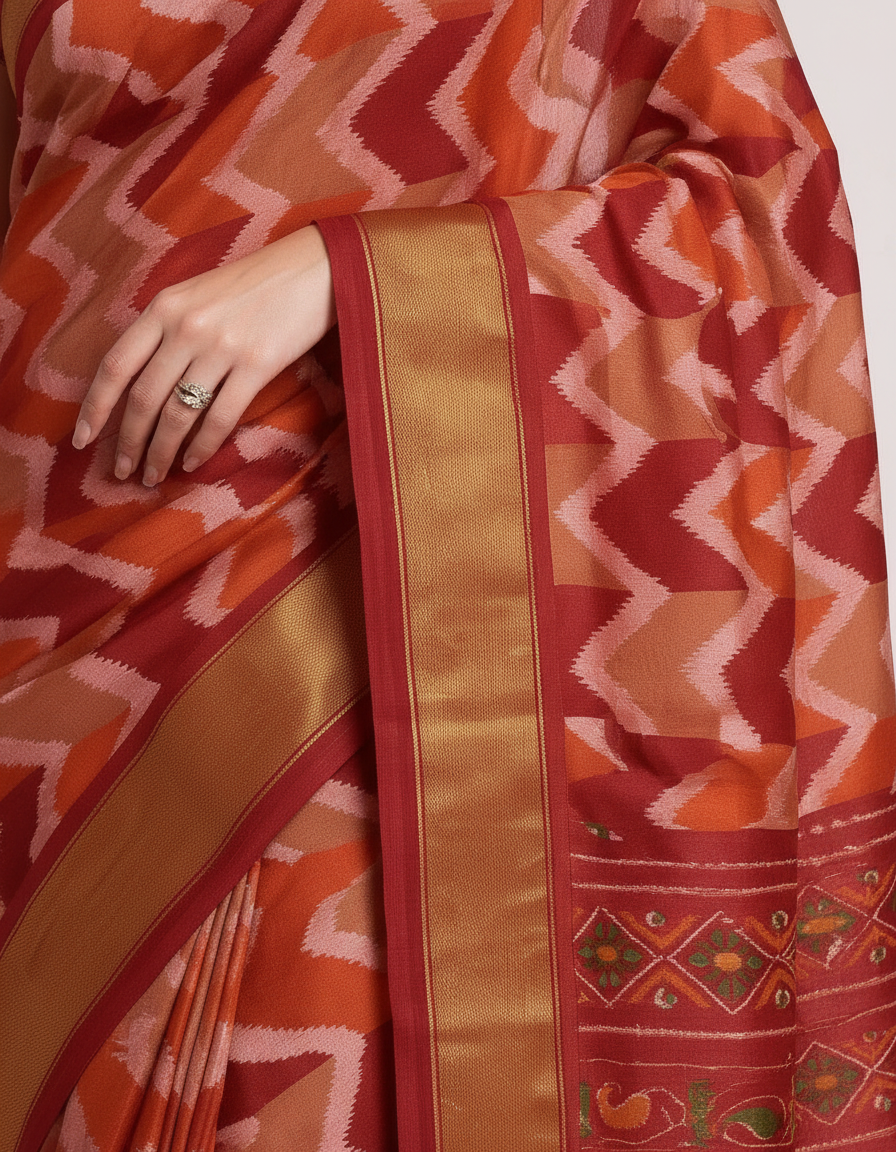 Regal Procession Saree: Traditional Folklore Borders on Rich Jewel-Toned Silk view 5