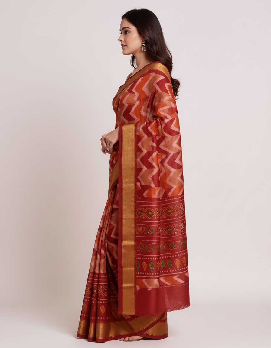 Regal Procession Saree: Traditional Folklore Borders on Rich Jewel-Toned Silk view 2