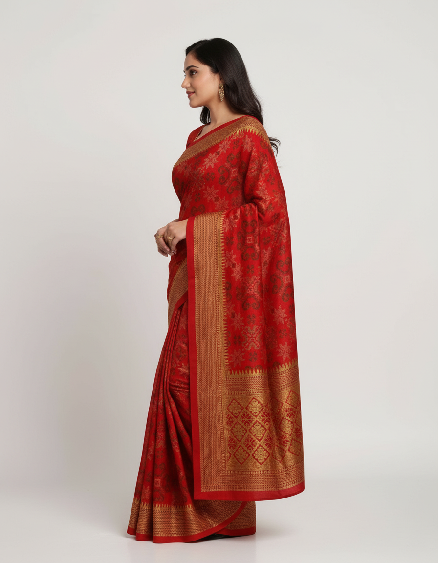 Regal Traditions: Jewel-Toned Saree with Hand-Embellished Folklore Border view 4