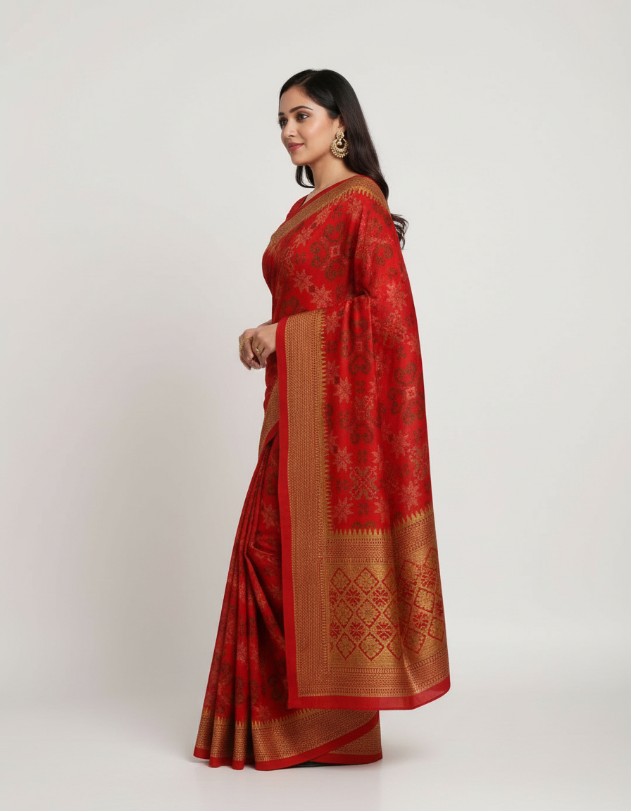 Regal Traditions: Jewel-Toned Saree with Hand-Embellished Folklore Border view 5