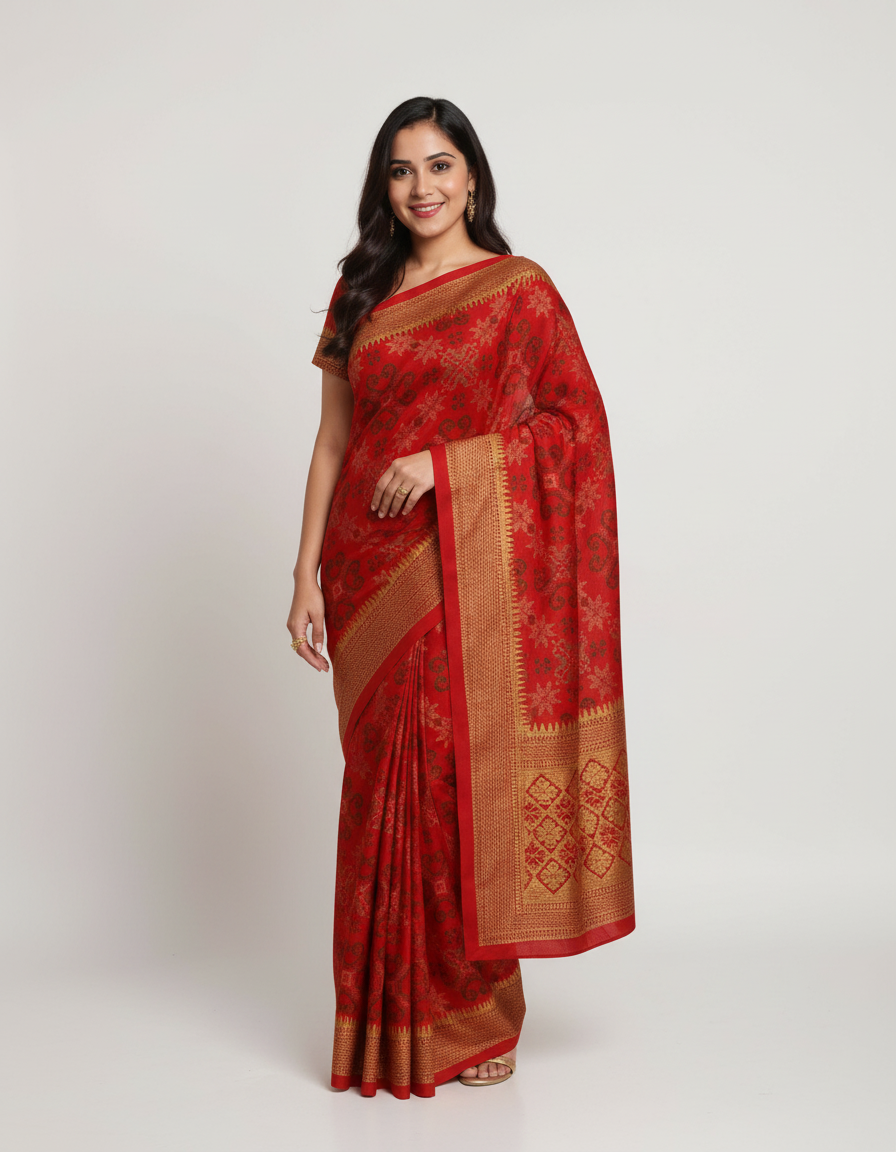 Regal Traditions: Jewel-Toned Saree with Hand-Embellished Folklore Border view 3