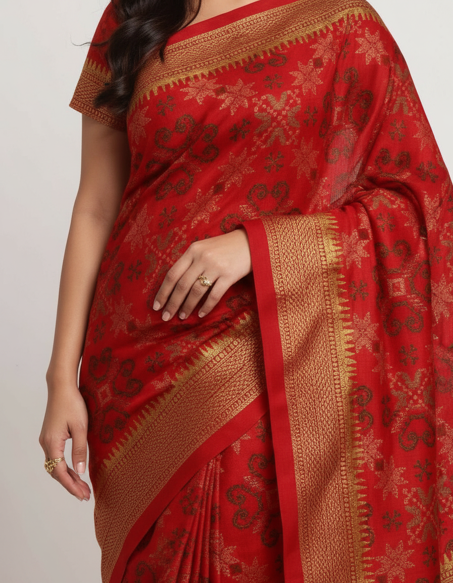 Regal Traditions: Jewel-Toned Saree with Hand-Embellished Folklore Border view 7