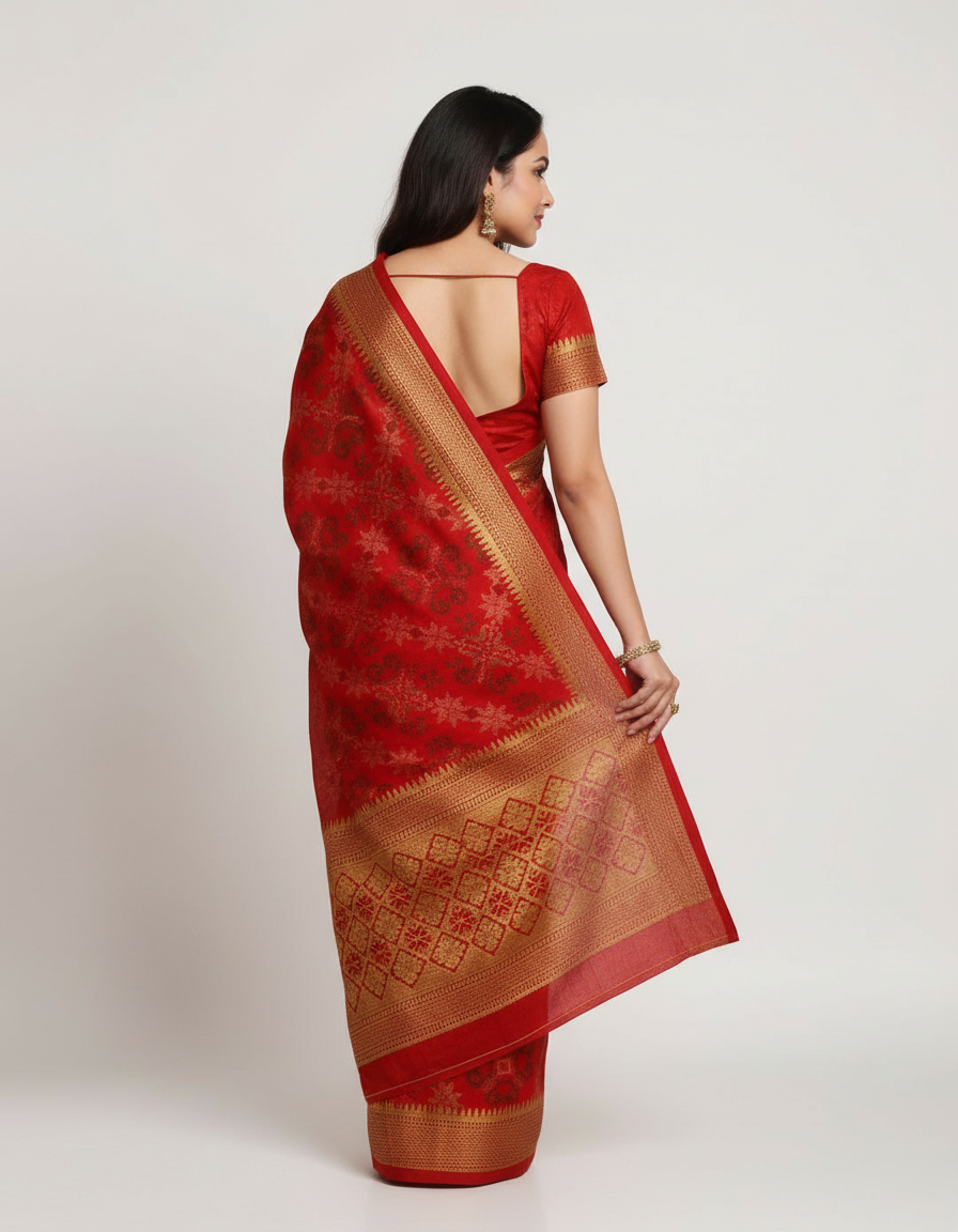 Regal Traditions: Jewel-Toned Saree with Hand-Embellished Folklore Border view 6