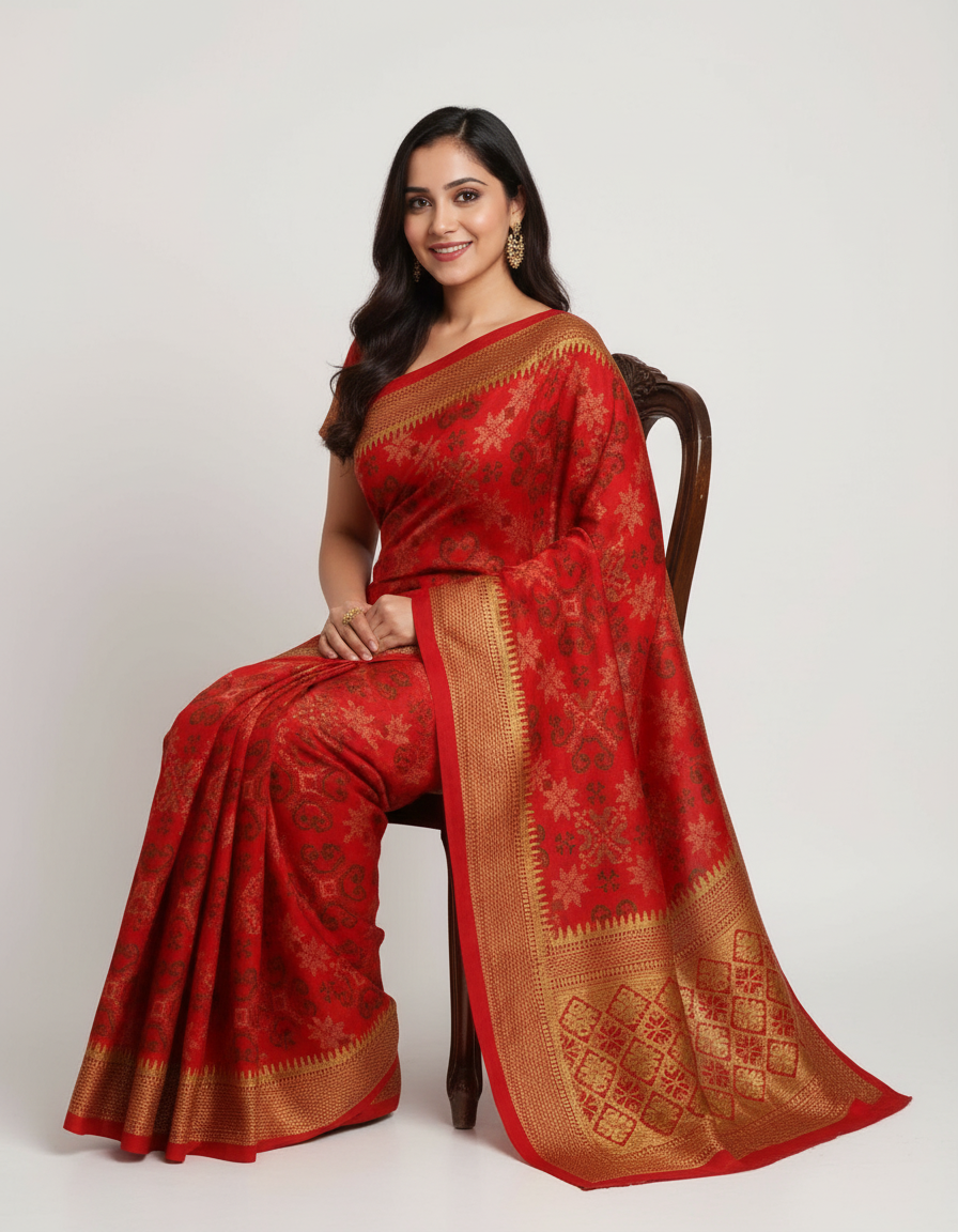 Regal Traditions: Jewel-Toned Saree with Hand-Embellished Folklore Border view 2