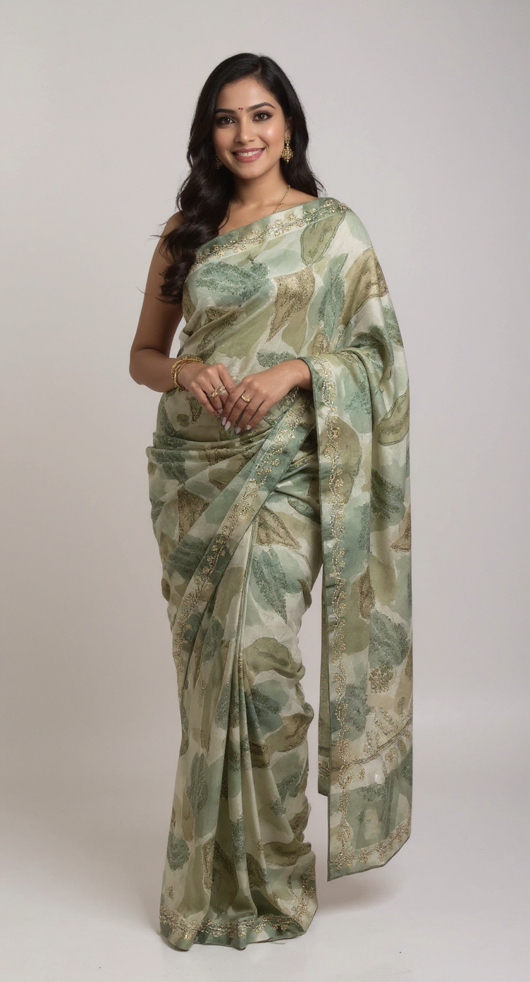 Elegant Floral Print Saree with Subtle Golden Border view 8