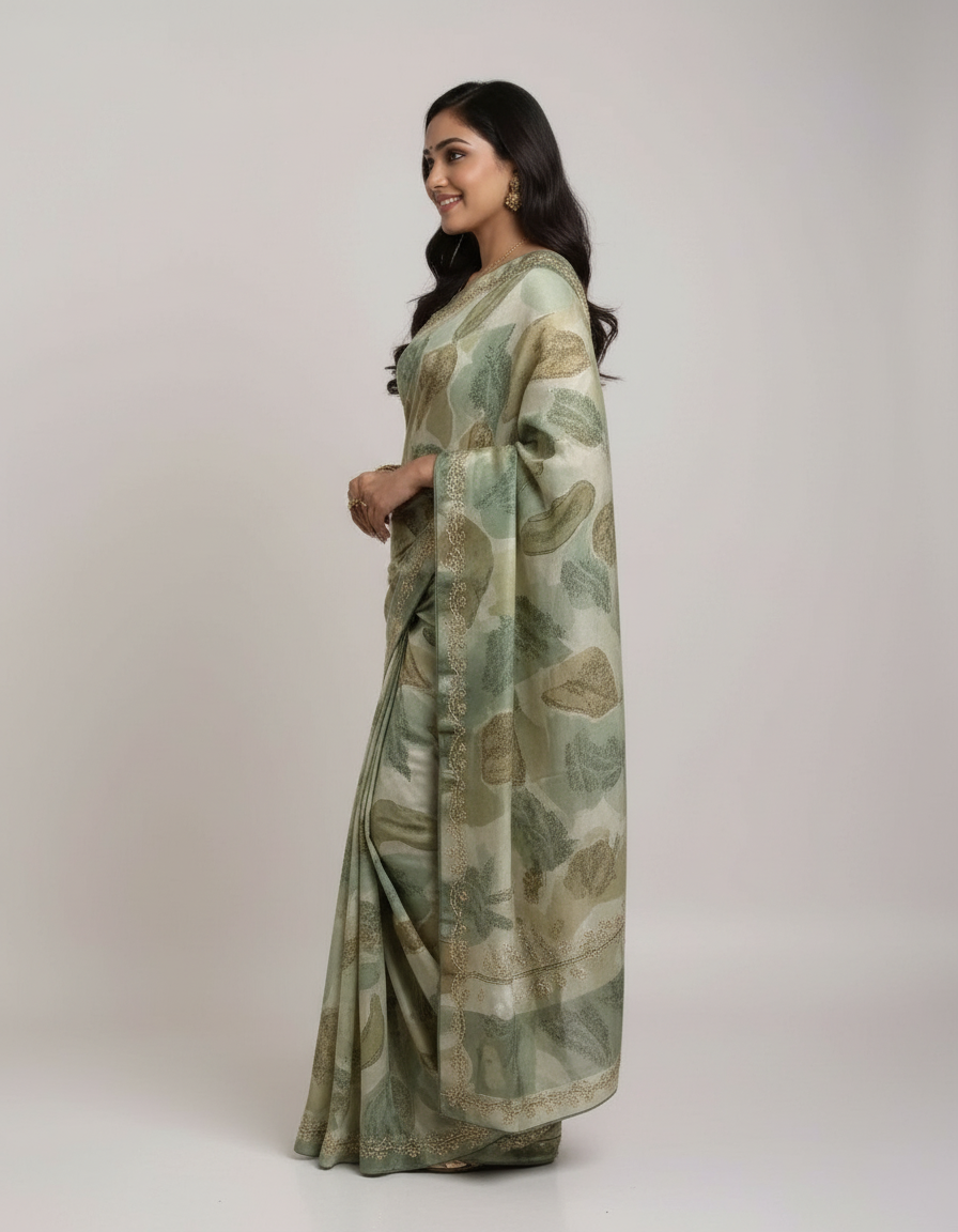 Elegant Floral Print Saree with Subtle Golden Border view 2