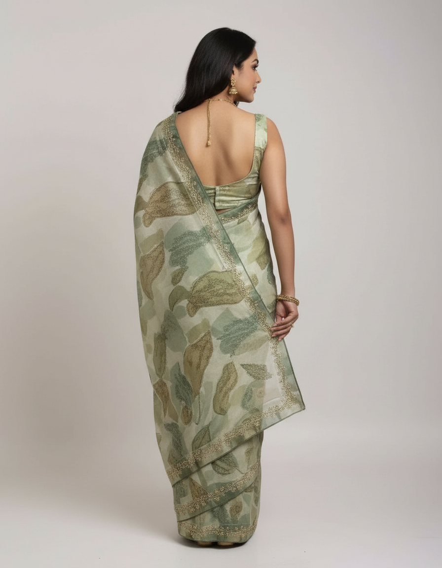 Elegant Floral Print Saree with Subtle Golden Border view 4