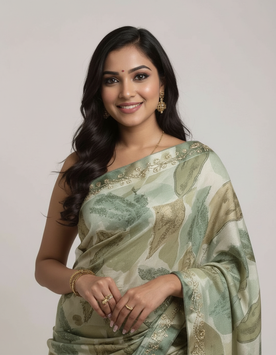 Elegant Floral Print Saree with Subtle Golden Border view 5