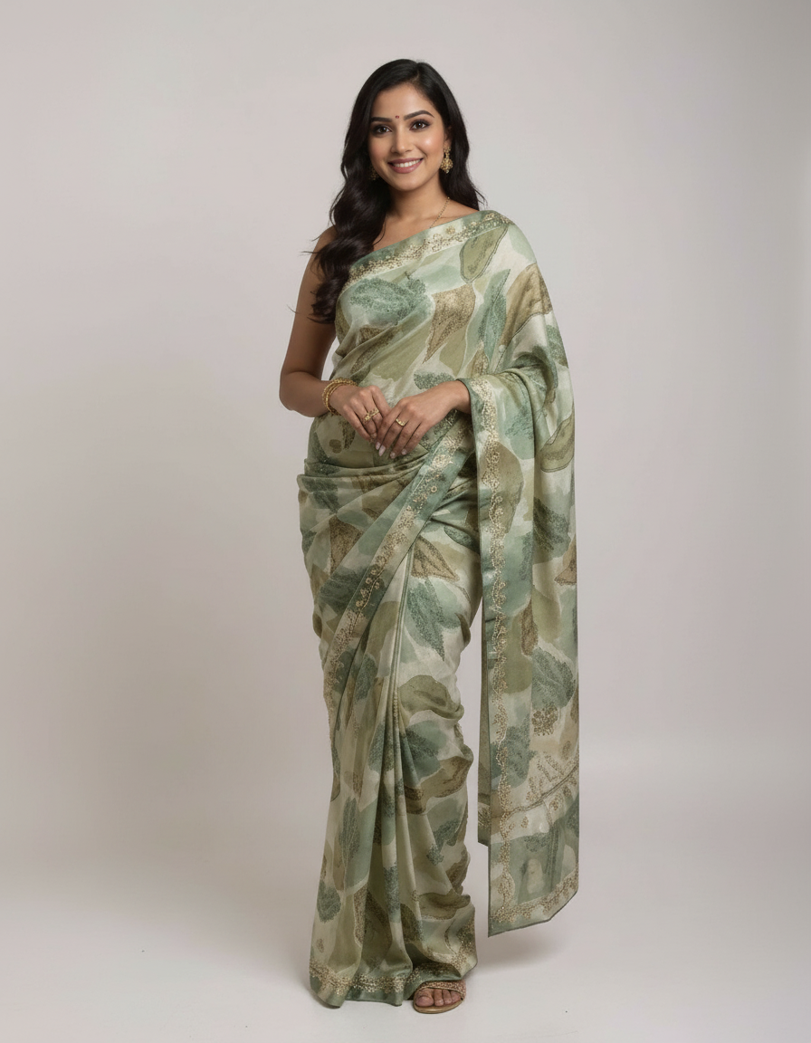 Elegant Floral Print Saree with Subtle Golden Border view 7