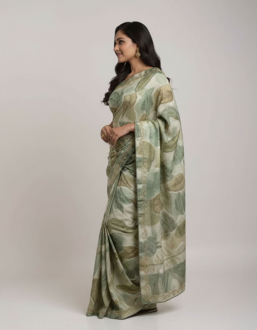 Elegant Floral Print Saree with Subtle Golden Border view 3