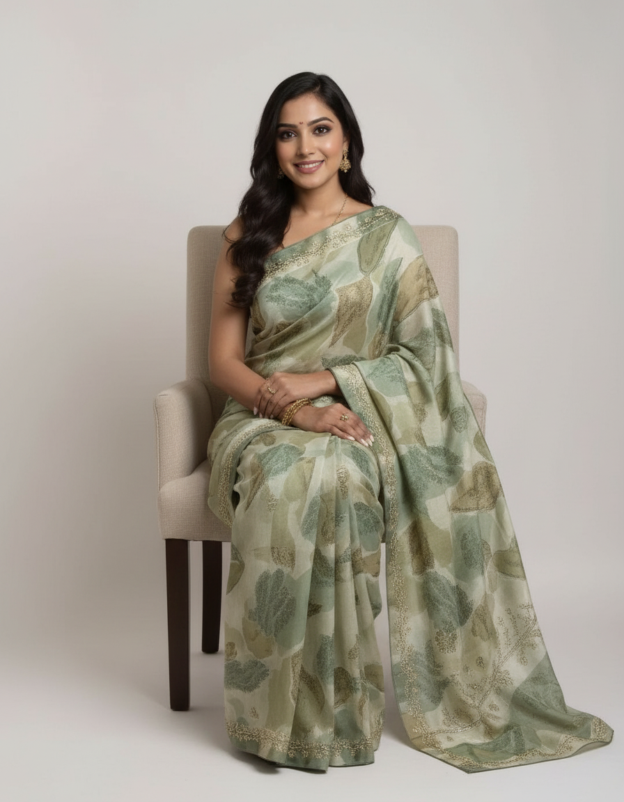 Elegant Floral Print Saree with Subtle Golden Border view 6