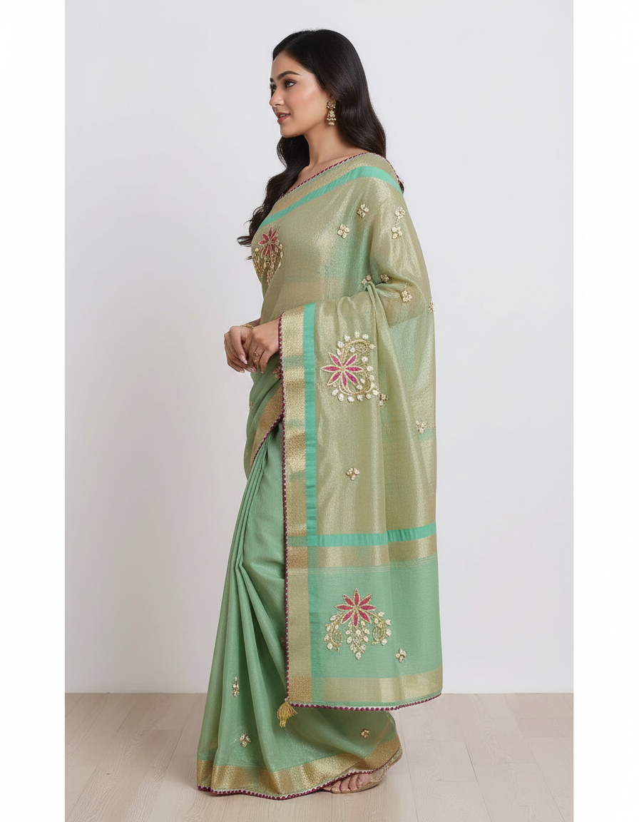 Royal Silk Blend Saree with Elegant Embroidered Motifs & Contrast Border view 2