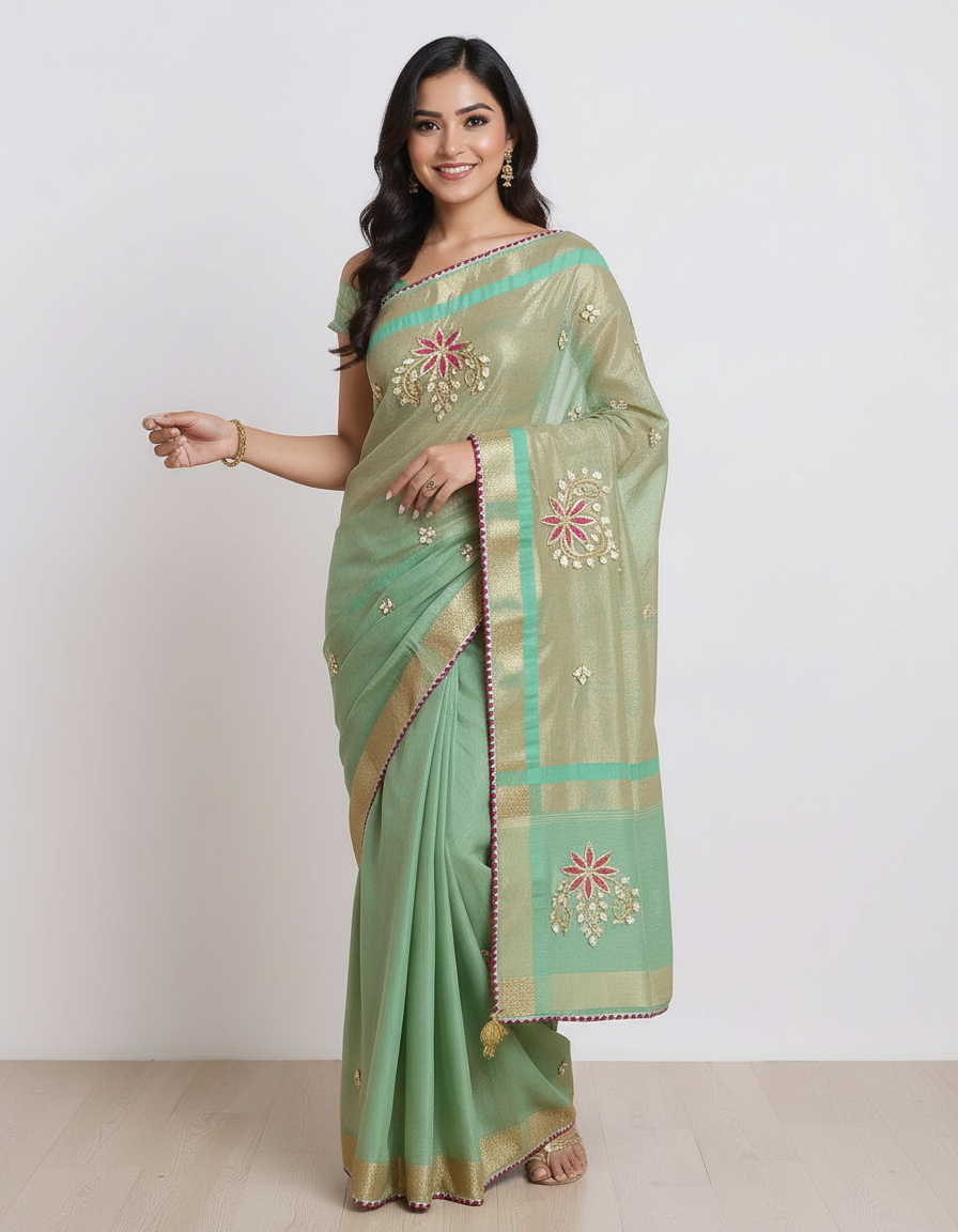 Royal Silk Blend Saree with Elegant Embroidered Motifs & Contrast Border view 7