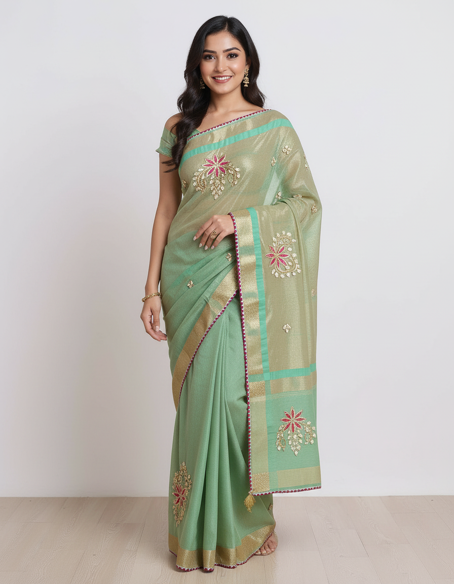 Royal Silk Blend Saree with Elegant Embroidered Motifs & Contrast Border