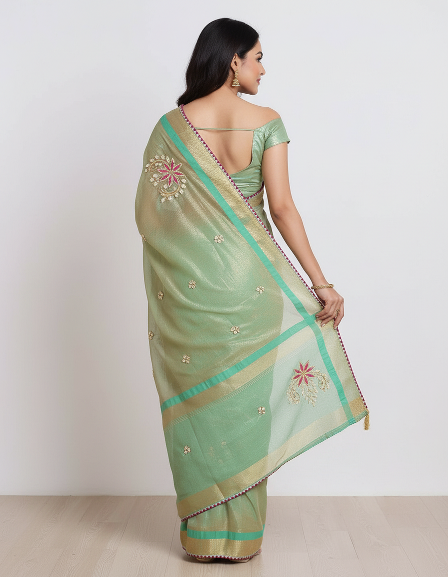 Royal Silk Blend Saree with Elegant Embroidered Motifs & Contrast Border view 4