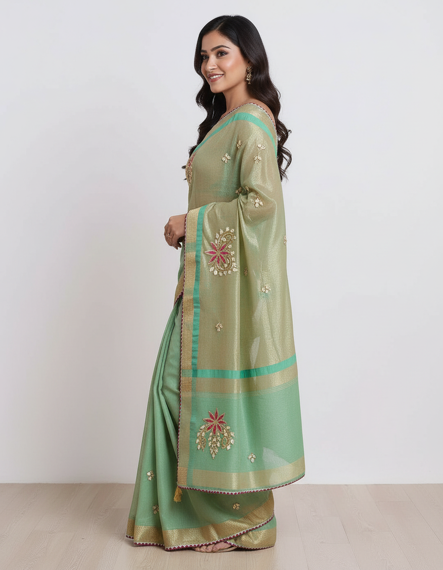 Royal Silk Blend Saree with Elegant Embroidered Motifs & Contrast Border view 3