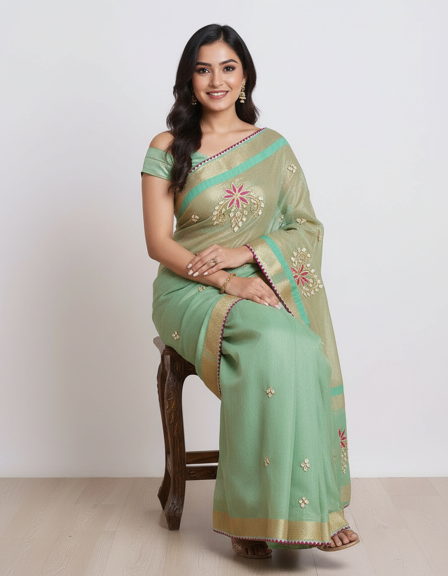 Royal Silk Blend Saree with Elegant Embroidered Motifs & Contrast Border view 6