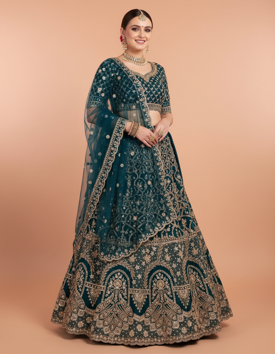 Deep Teal Silk Lehenga Choli with Heavy Gold Embroidery & Net Dupatta view 8