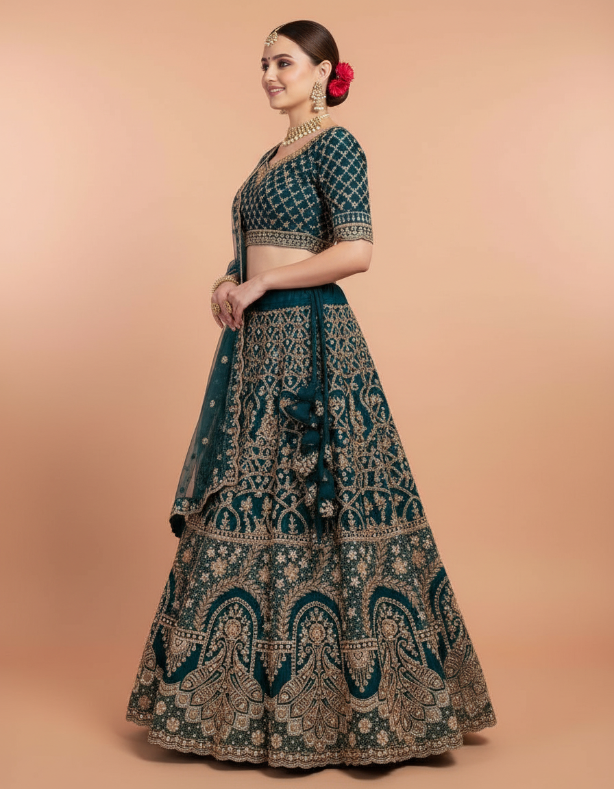 Deep Teal Silk Lehenga Choli with Heavy Gold Embroidery & Net Dupatta view 4