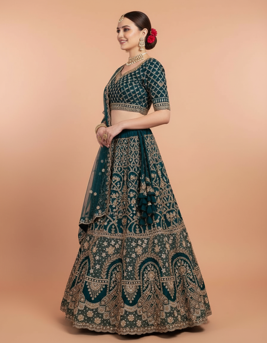Deep Teal Silk Lehenga Choli with Heavy Gold Embroidery & Net Dupatta view 2