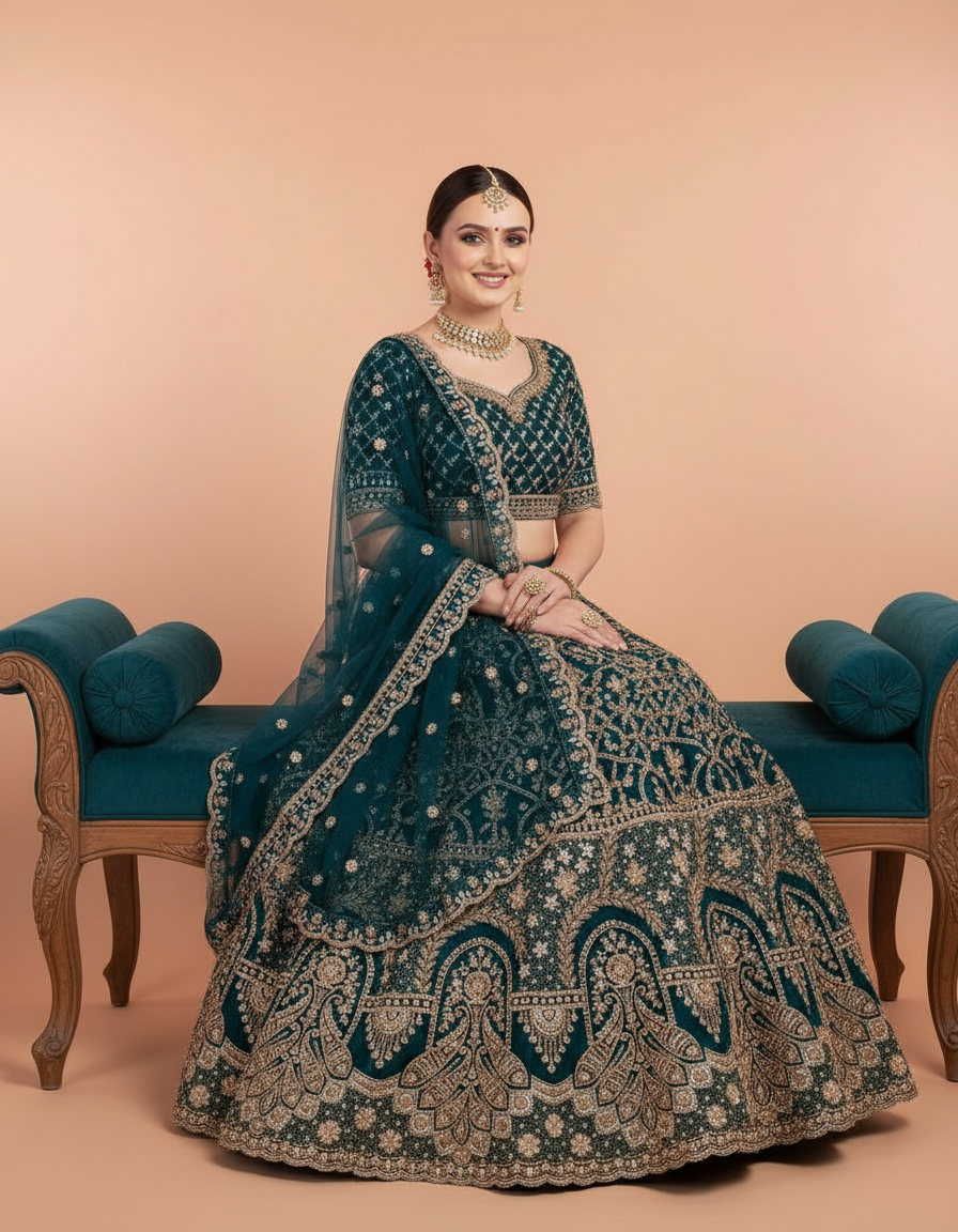 Deep Teal Silk Lehenga Choli with Heavy Gold Embroidery & Net Dupatta view 7