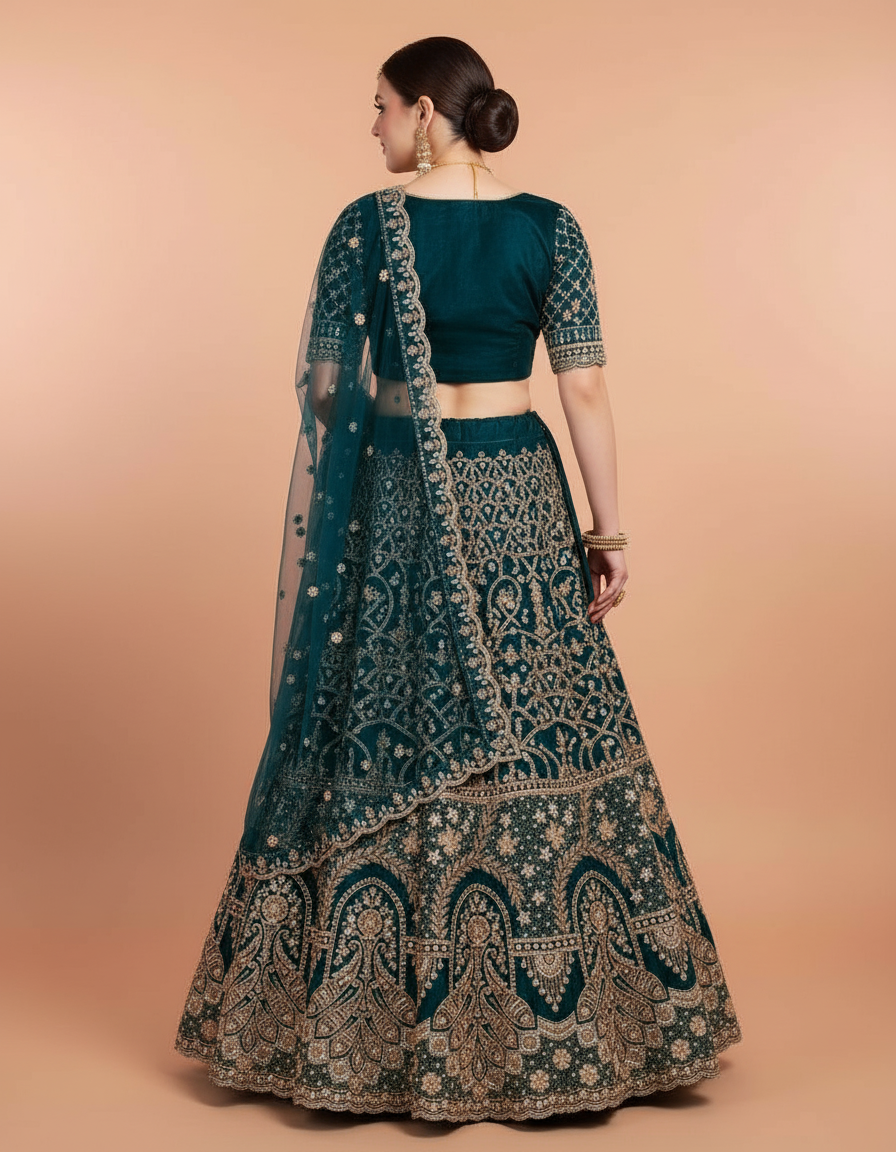 Deep Teal Silk Lehenga Choli with Heavy Gold Embroidery & Net Dupatta view 3