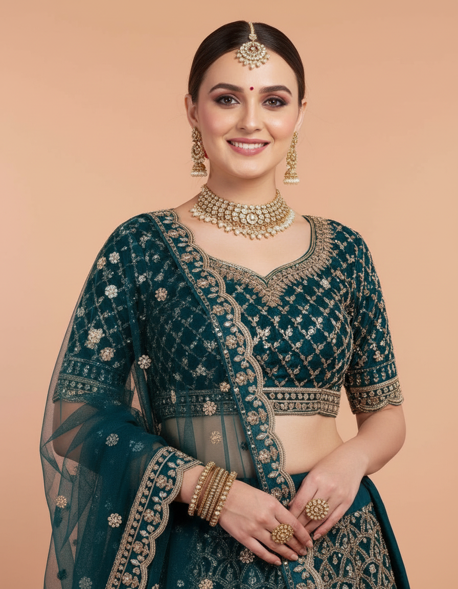 Deep Teal Silk Lehenga Choli with Heavy Gold Embroidery & Net Dupatta view 5