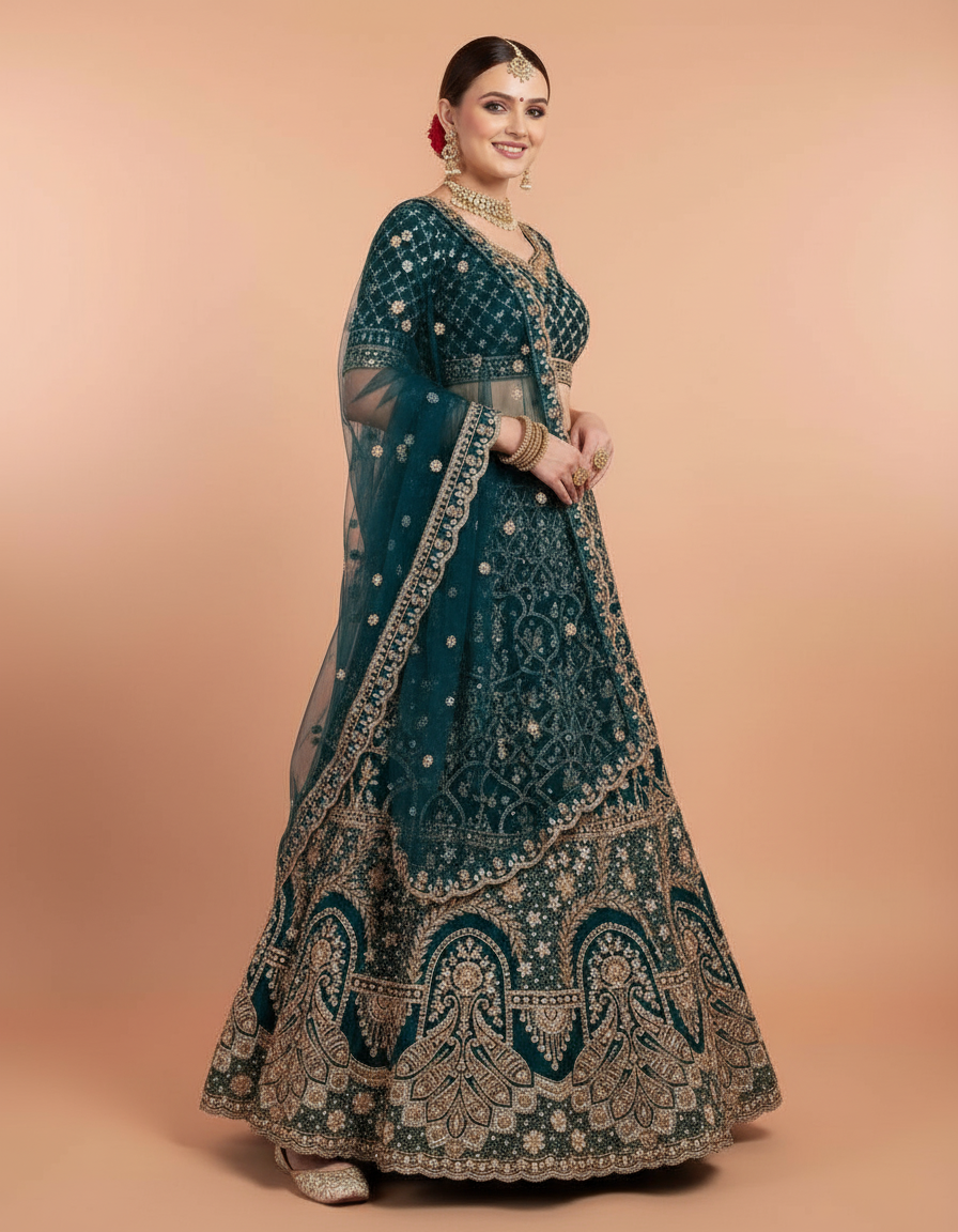 Deep Teal Silk Lehenga Choli with Heavy Gold Embroidery & Net Dupatta view 6