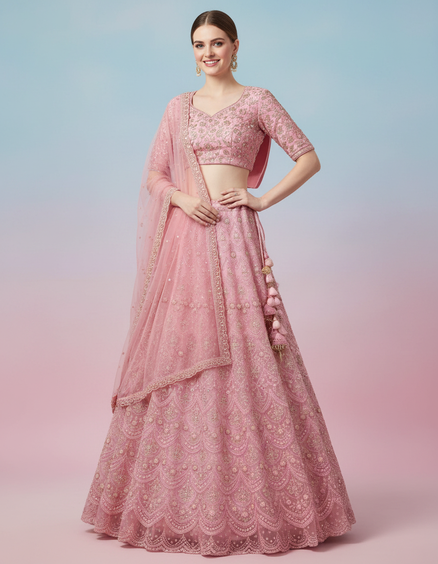 Pink Silk Lehenga Choli with Allover Gold Embroidery and Scalloped Hem view 8