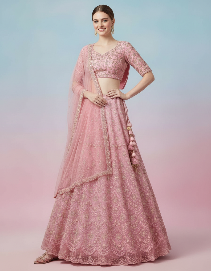 Pink Silk Lehenga Choli with Allover Gold Embroidery and Scalloped Hem view 4