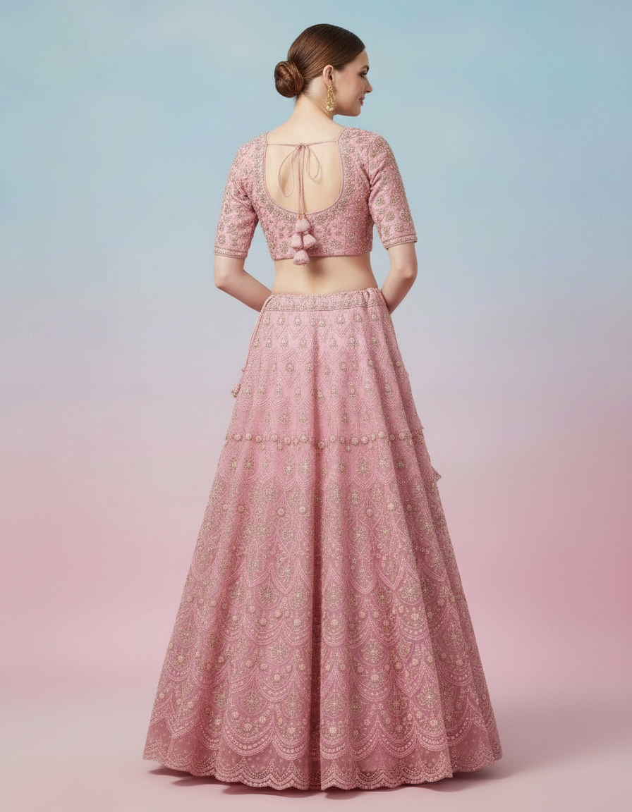 Pink Silk Lehenga Choli with Allover Gold Embroidery and Scalloped Hem view 3