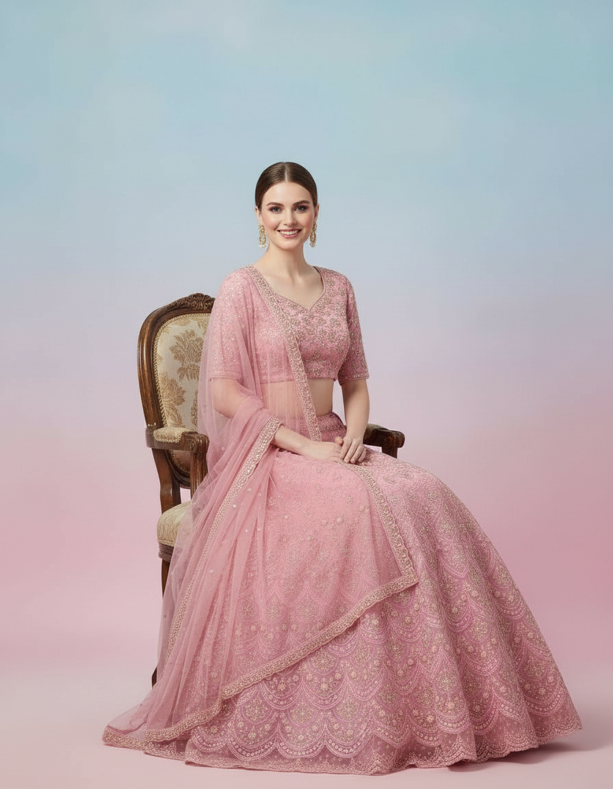 Pink Silk Lehenga Choli with Allover Gold Embroidery and Scalloped Hem view 7