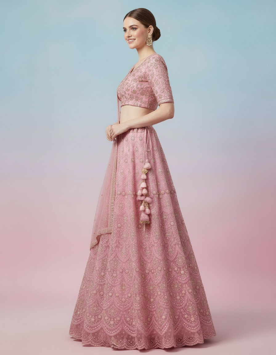 Pink Silk Lehenga Choli with Allover Gold Embroidery and Scalloped Hem view 5