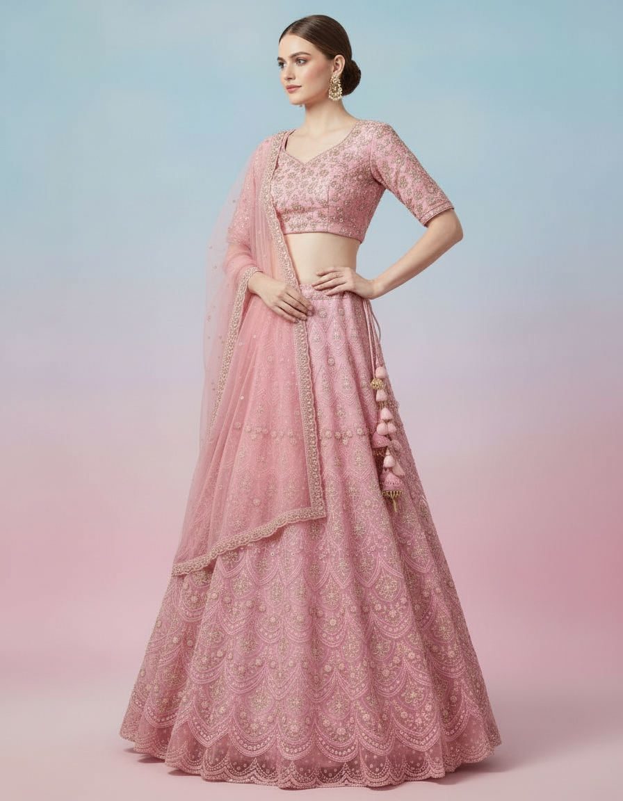 Pink Silk Lehenga Choli with Allover Gold Embroidery and Scalloped Hem view 2