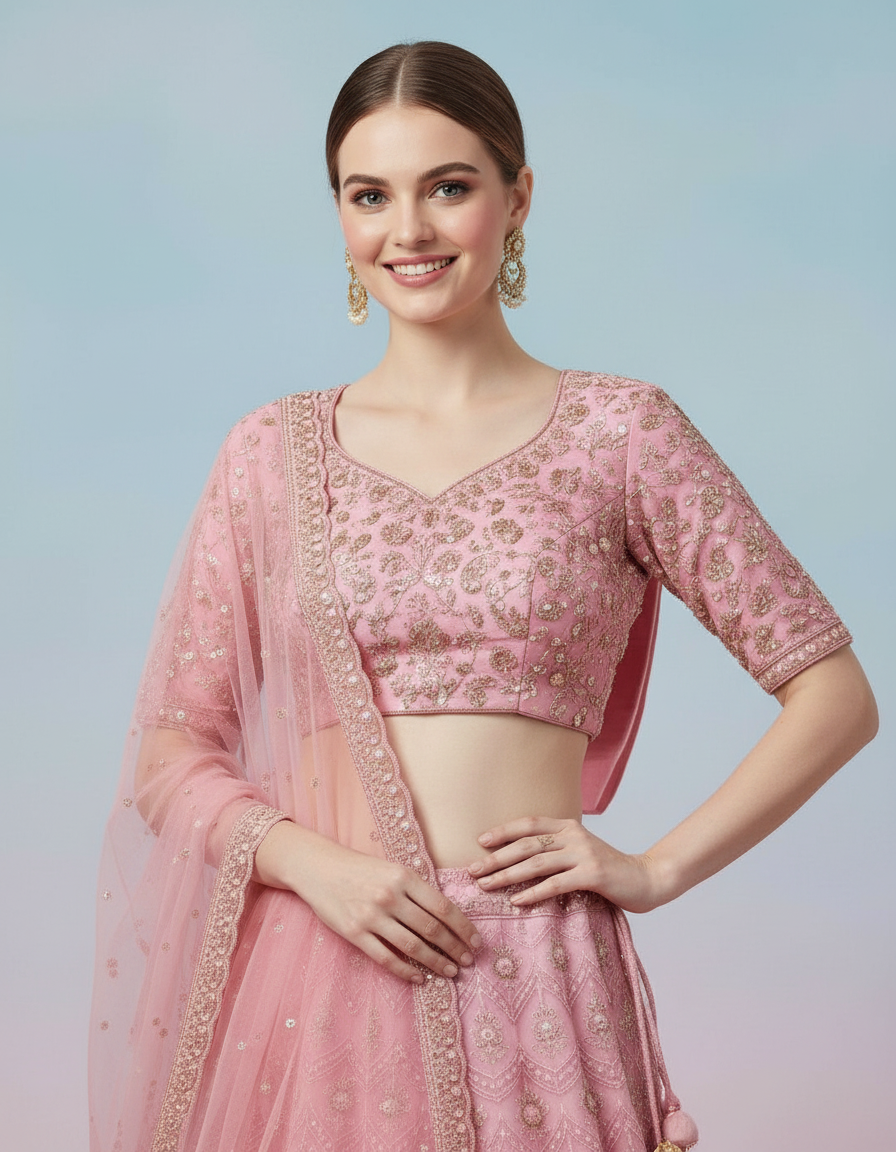 Pink Silk Lehenga Choli with Allover Gold Embroidery and Scalloped Hem view 6