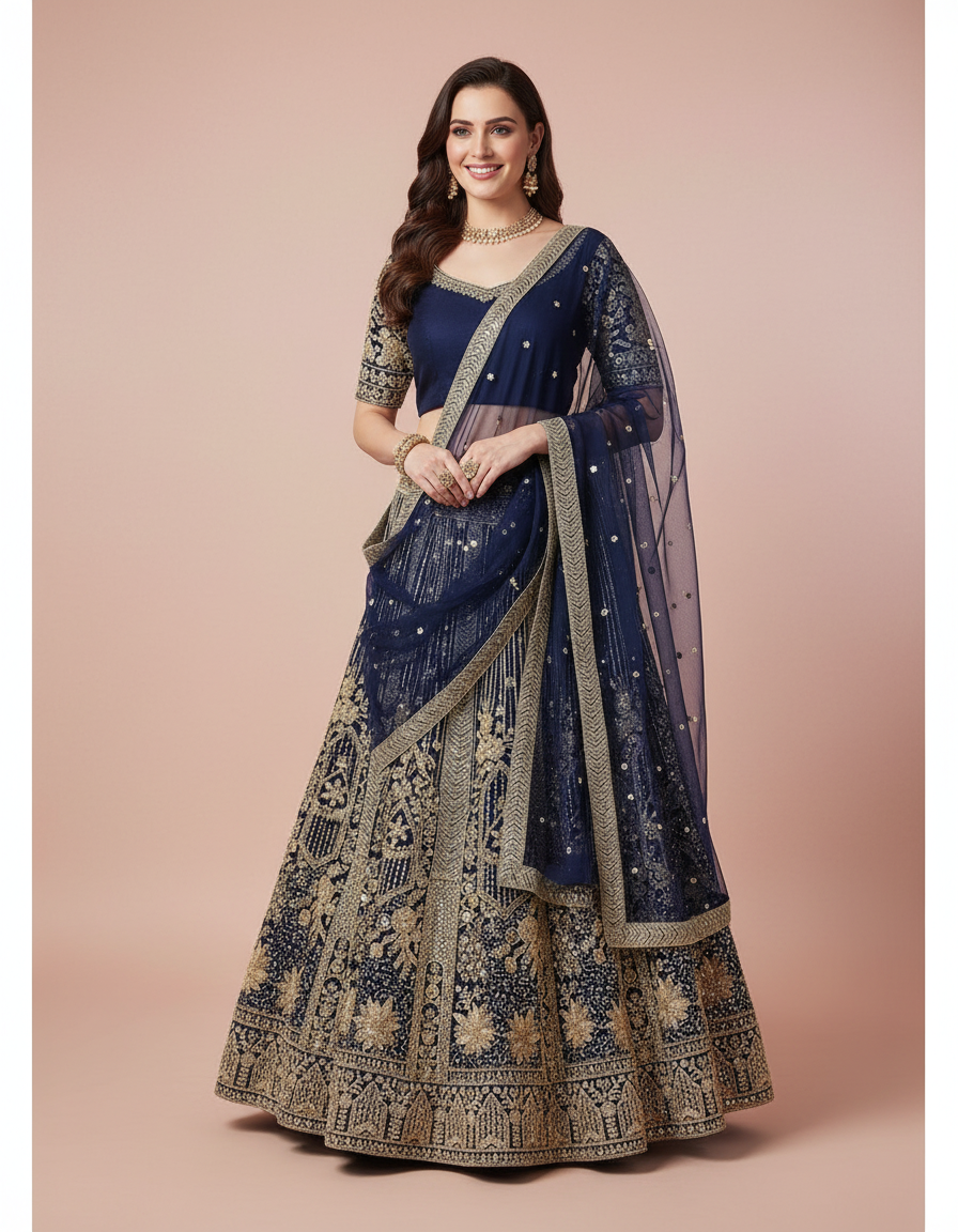 Navy Blue Heavy Embroidered Lehenga Choli with Stone Work view 7
