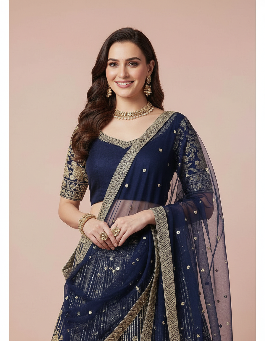 Navy Blue Heavy Embroidered Lehenga Choli with Stone Work view 5