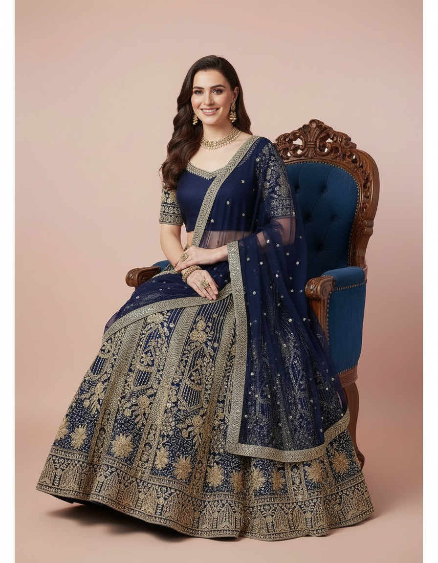 Navy Blue Heavy Embroidered Lehenga Choli with Stone Work view 6