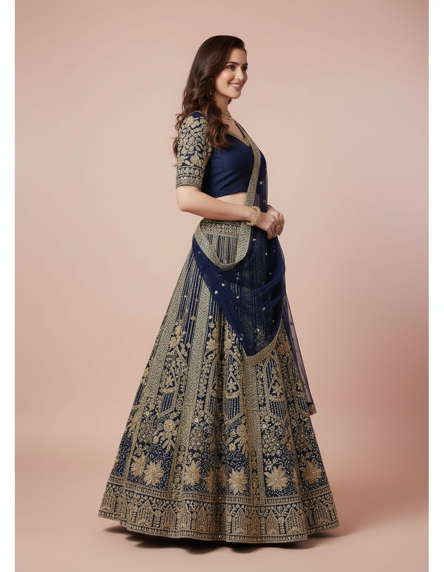 Navy Blue Heavy Embroidered Lehenga Choli with Stone Work view 3