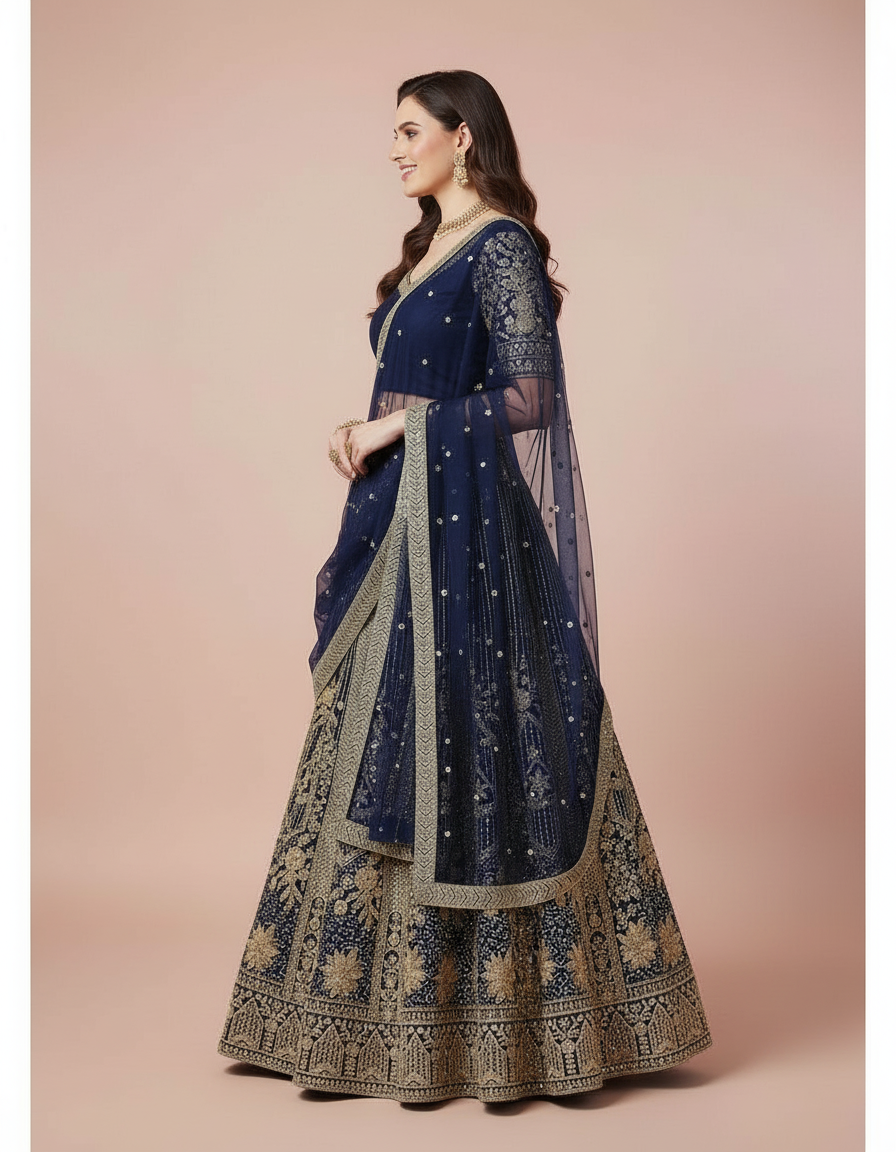 Navy Blue Heavy Embroidered Lehenga Choli with Stone Work view 2