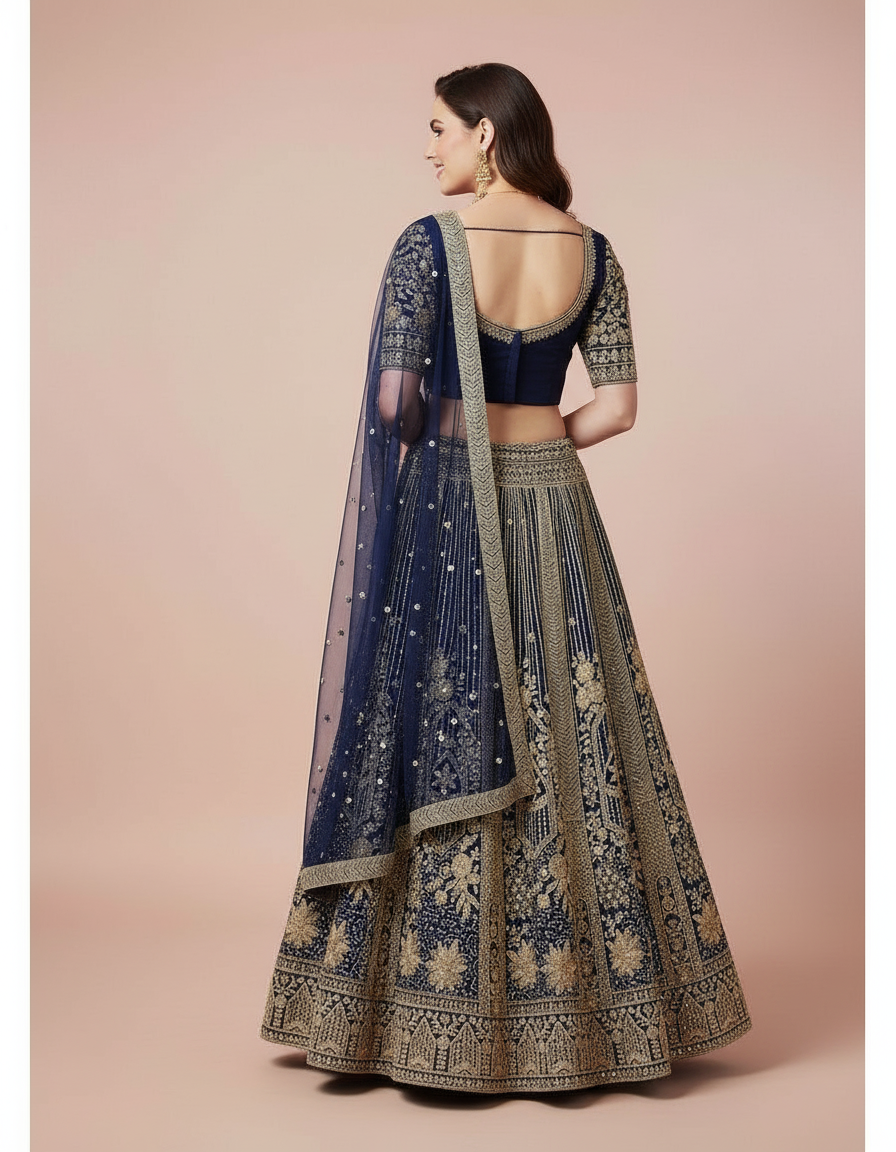 Navy Blue Heavy Embroidered Lehenga Choli with Stone Work view 4