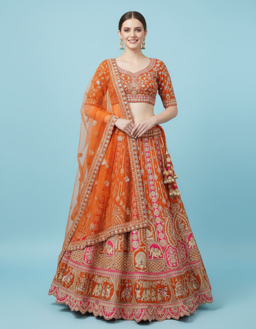 Sunset Orange Bridal Lehenga featuring Intricate Dori & Zardosi Work view 8