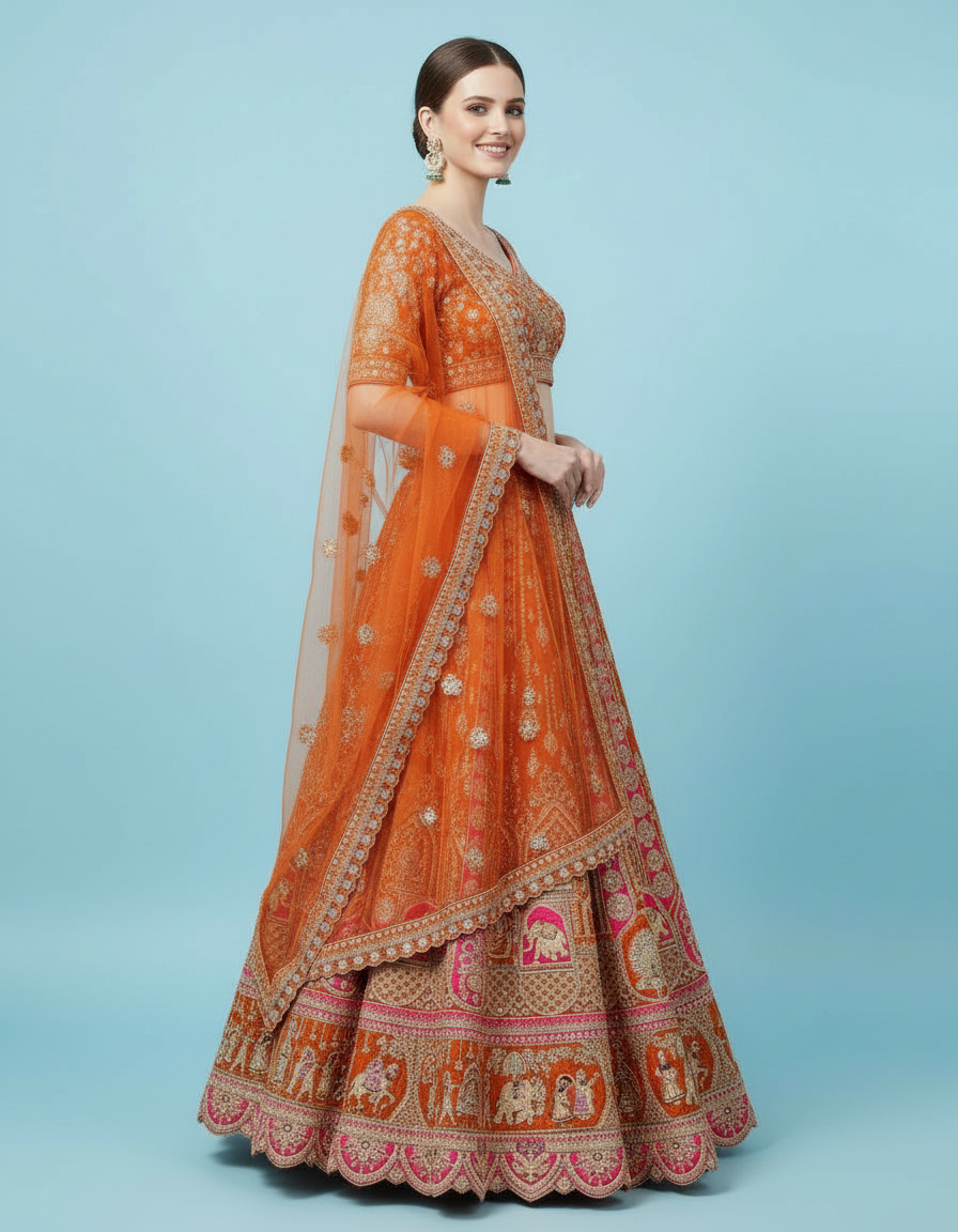 Sunset Orange Bridal Lehenga featuring Intricate Dori & Zardosi Work view 3