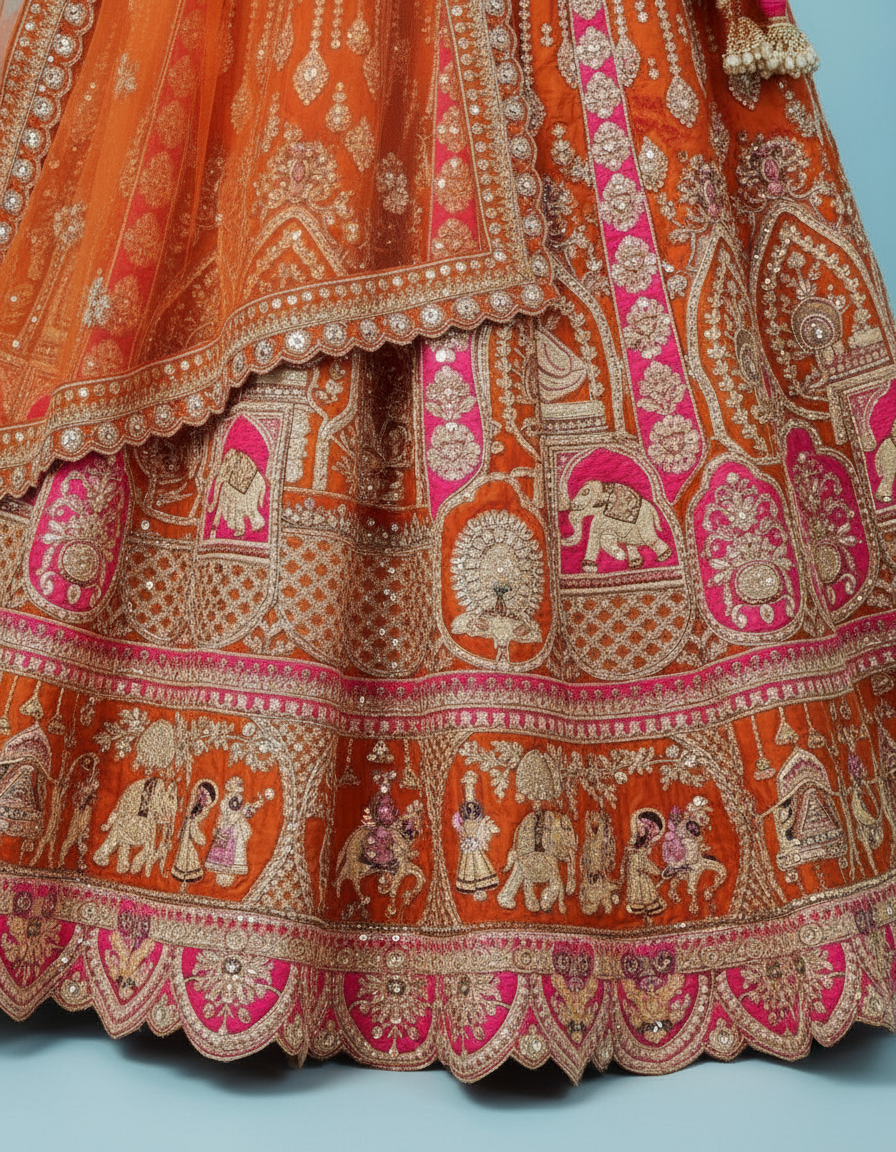 Sunset Orange Bridal Lehenga featuring Intricate Dori & Zardosi Work view 5