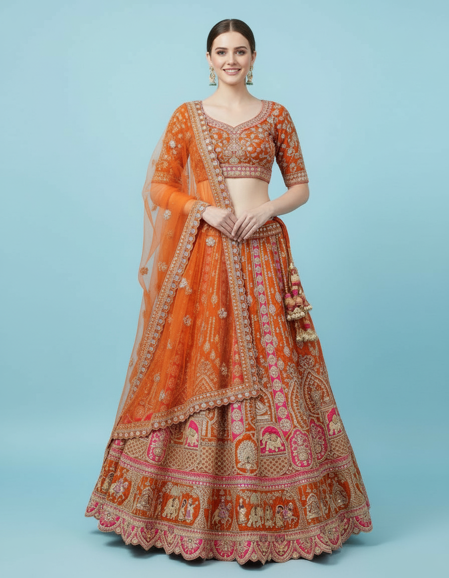 Sunset Orange Bridal Lehenga featuring Intricate Dori & Zardosi Work