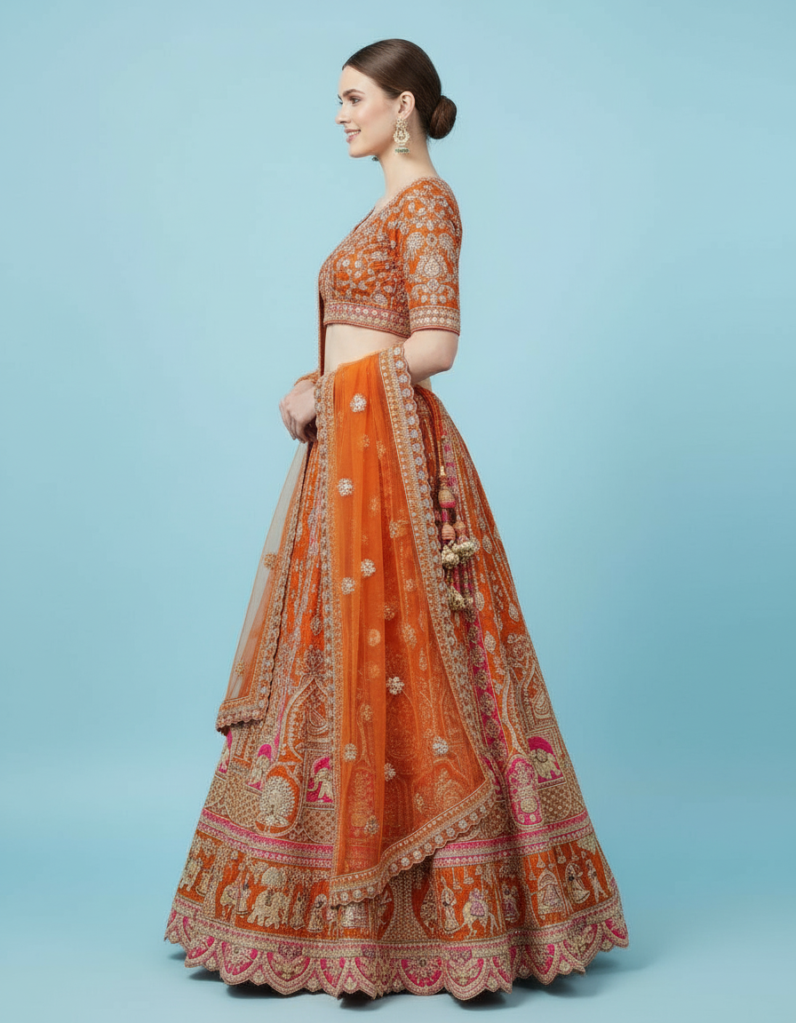 Sunset Orange Bridal Lehenga featuring Intricate Dori & Zardosi Work view 2