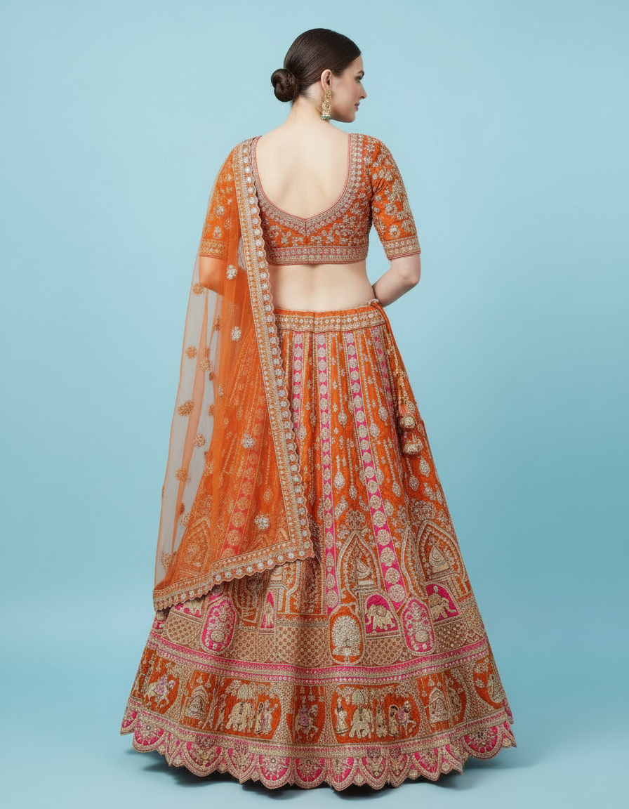 Sunset Orange Bridal Lehenga featuring Intricate Dori & Zardosi Work view 4