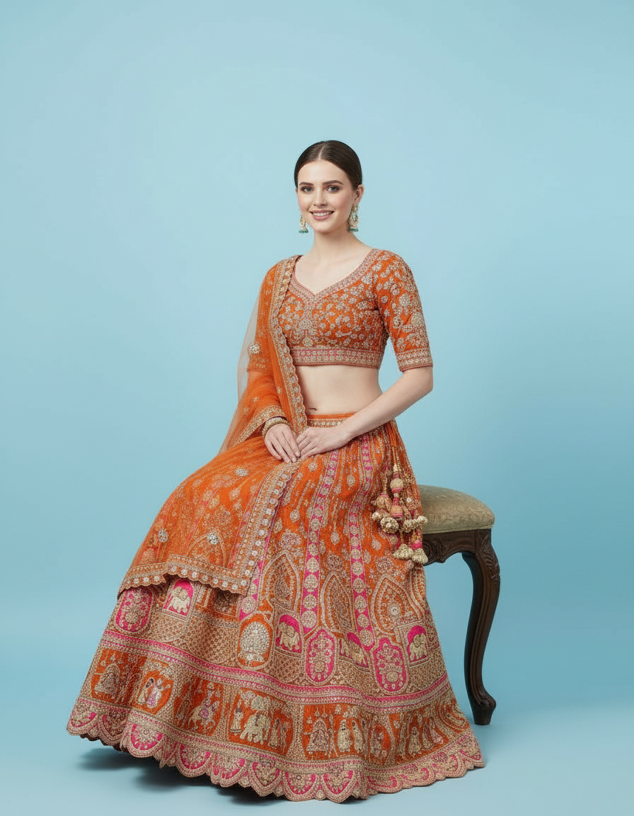 Sunset Orange Bridal Lehenga featuring Intricate Dori & Zardosi Work view 6