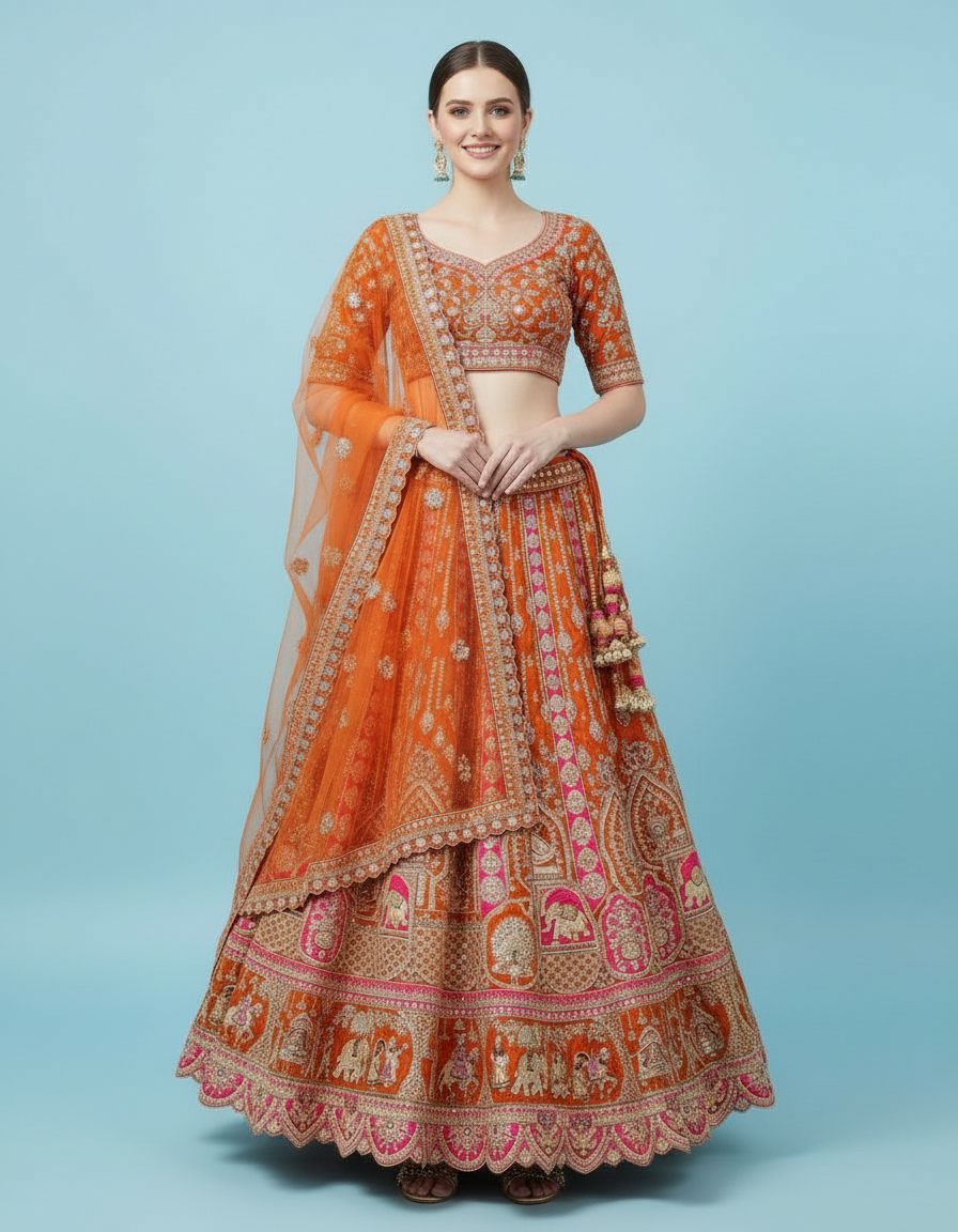 Sunset Orange Bridal Lehenga featuring Intricate Dori & Zardosi Work view 7