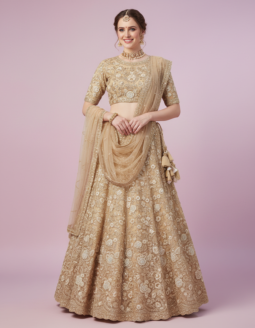 Gold Floral Zardosi Lehenga with Scalloped Borders view 8